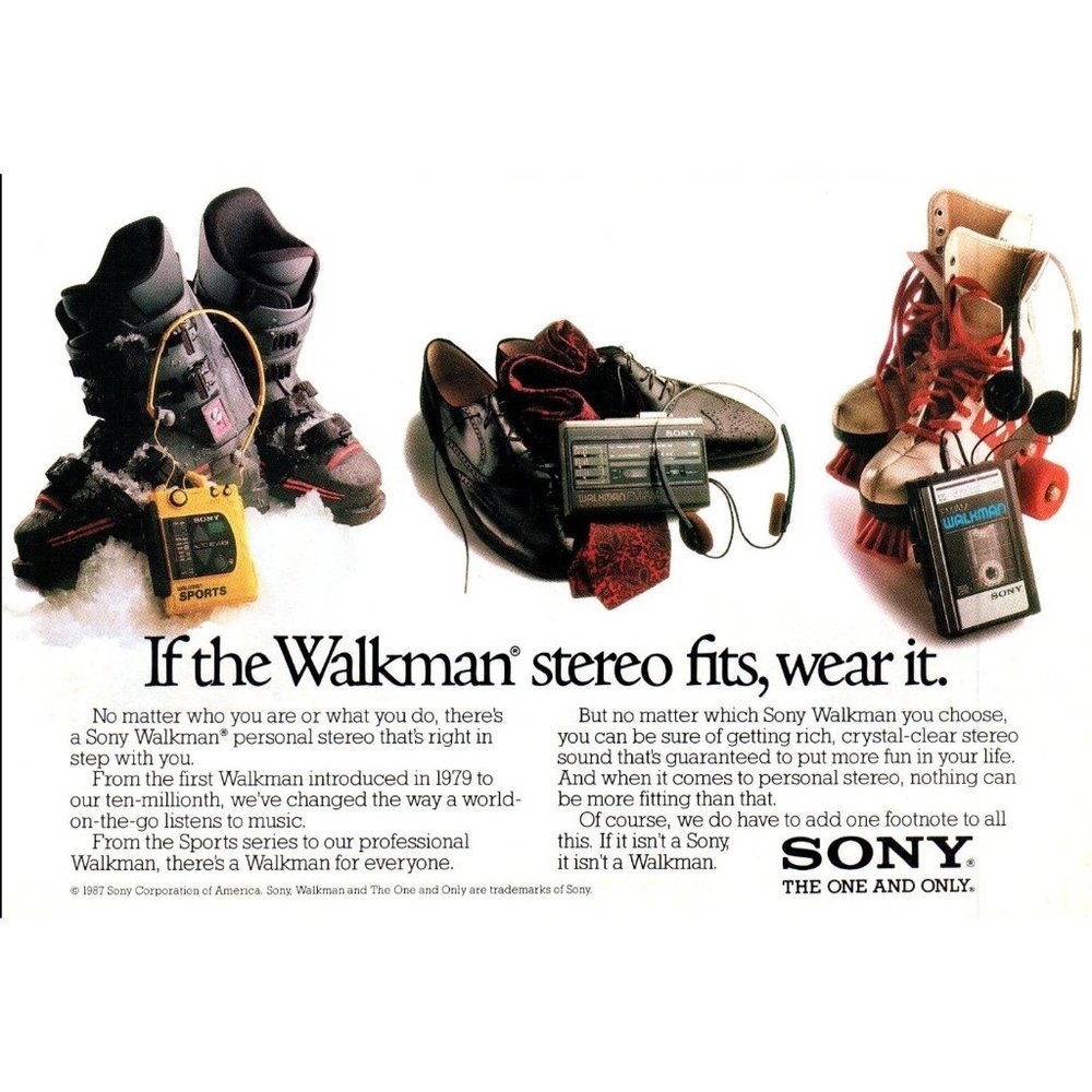 1988 Sony Walkman Vintage Print Ad Ski Boots Roller Skate Dress Shoes Wall Art